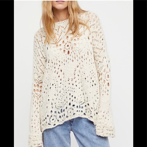 Free People Long Sleeve Traveling Ivory Lacey Sweater - Picture 1 of 15
